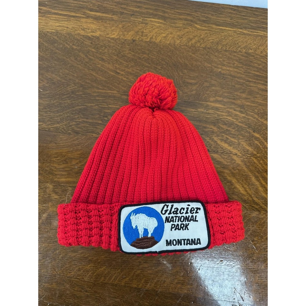 VTG Glacier National Park Hat Beanie One Size Red Knit Pom Patch Mountain‎ Goat